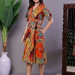 Women's Bohemian Chic Multi-Color Paisley Print Cotton Collared Midi Dress