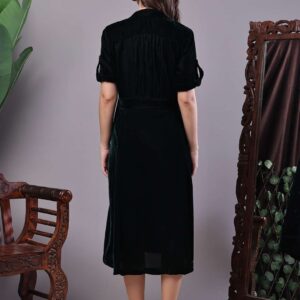 Women's Black Velvet Solid Printed Shirt Midi Dress with Belt