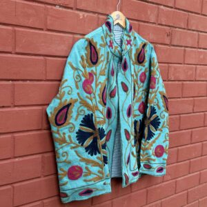 Womens Teal Blue Velvet Embroidered Jacket with Floral Design
