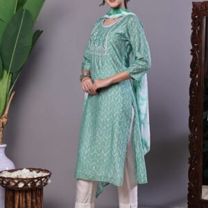 Women's Mint Green Chanderi Embroidered Kurta Set with Dupatta Suit Sets