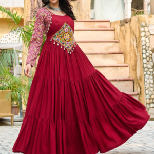 Navratri Special 14 Kg Reyon Designer Gown with Kutchi Gamthi & Cotton Print Work