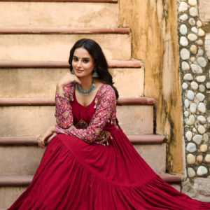 Navratri Special 14 Kg Reyon Designer Gown with Kutchi Gamthi & Cotton Print Work