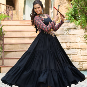 Navratri Special 14 Kg Reyon Designer Gown with Kutchi Gamthi & Cotton Print Work